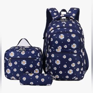 Daisy Printed Backpacks With Lunch Pack Pencil Case 3pcs, Lightweight Water Resi